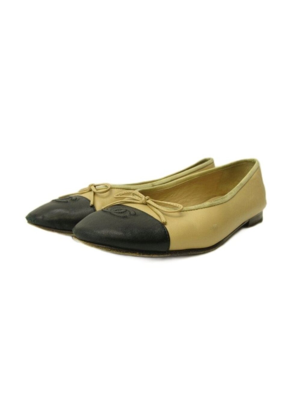 Chanel Ballet Shoes Flat Ribbon Leather Beige Black